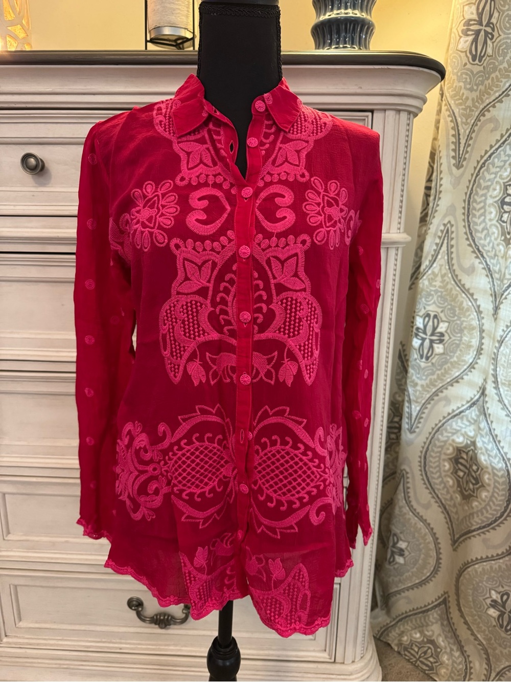 Johnny Was Runswick Lenny Embroidered Button Down Shirt Cherry Jubilee Red Pink